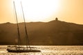 Sunset Nile Aswan and the West Bank with Tombs Old Kingdom Qubbet el-Hawa - `Dome of the Winds` at the crest of the hill Royalty Free Stock Photo