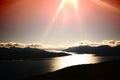 Sunset Norway fjords with light leak silhouette background