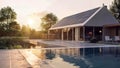 Sunset Oasis: Photorealistic Render of Solar-Powered Home., generative ai Royalty Free Stock Photo