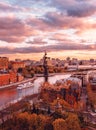 Sunset from the observation deck of the Cathedral of Christ the Savior. View of the monument to Peter I