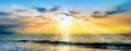 Sunset Ocean Bird Silhouette Inspiration Banner Royalty Free Stock Photo