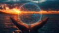 Sunset ocean, hands holding digital globe, data future