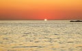 Sunset, ocean and horizon with a view over the sea during summer under an orange sky for mockup. Nature, water and earth Royalty Free Stock Photo