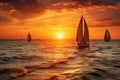 Sunset on the ocean with sailing yachts on the horizon Royalty Free Stock Photo