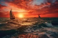 Sunset on the ocean with sailing yachts on the horizon Royalty Free Stock Photo