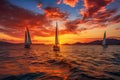 Sunset on the ocean with sailing yachts on the horizon Royalty Free Stock Photo