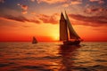 Sunset on the ocean with sailing yachts on the horizon Royalty Free Stock Photo