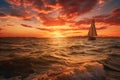 Sunset on the ocean with sailing yachts on the horizon Royalty Free Stock Photo