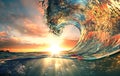 Sunset ocean surfing wave lip against sunlight Royalty Free Stock Photo