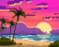 Sunset Ocean Tropical resort landscape. Sea shore beach, sun, exoti csilhouettes palms, coastline, clouds, sky, summer Royalty Free Stock Photo