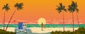 Sunset ocean view on the sand beach, surfer, palms, lifeguard tower, seashore, horizon