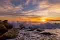 Sunset Ocean Wave Breaking Rocks Royalty Free Stock Photo