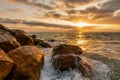 Sunset Ocean Wave Breaking Rocks Royalty Free Stock Photo