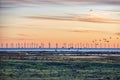 Sunset on offshore wind turbines park or wind power plant. Electricity generation off Copenhagen in the Oresund Strait, Baltic sea Royalty Free Stock Photo