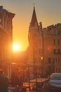 Sunset among the old buildings at Andriyivsky descent in Kiev Royalty Free Stock Photo