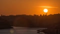 Sunset in Old city Porto at river Duoro,with Port transporting boats timelapse, Oporto, Portugal Royalty Free Stock Photo