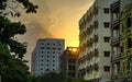 Sunset through old crumbling building in Yangon Myanmbar Burma