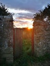 Sunset through old farm gate Royalty Free Stock Photo