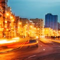 Sunset in Old Havana with the street lights of El Malecon Royalty Free Stock Photo