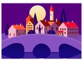 Sunset old town city landscape, night. Architecture Europe bridge river, vector illustration minimal flat style Royalty Free Stock Photo