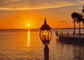 sunset orange beautiful view panorama blue sea with green palm tree cloud sky of tropical beach Royalty Free Stock Photo