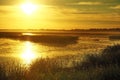 Sunset and orange sky over big lake Lubanas Royalty Free Stock Photo