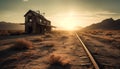 Sunset over abandoned railroad track in rural landscape generated by AI