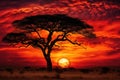 Sunset over acacia tree in Serengeti National Park, Tanzania, Sunset in savannah of Africa with acacia trees, Safari in Serengeti Royalty Free Stock Photo