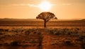 Sunset over African savannah, acacia tree silhouette generated by AI Royalty Free Stock Photo