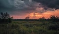 Sunset over the African savannah, dramatic sky generated by AI Royalty Free Stock Photo