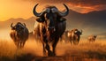 Sunset over African savannah, herd of buffalo grazing in meadow generated by AI Royalty Free Stock Photo