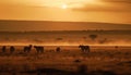 Sunset over African savannah, a herd of grazing elephants generated by AI Royalty Free Stock Photo