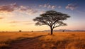 Sunset over African savannah, tree silhouettes in dusk generated by AI Royalty Free Stock Photo