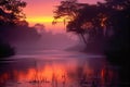 Sunset over Amazon river with trees in the foreground Royalty Free Stock Photo