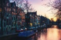 Sunset over Amsterdam, Netherlands canals and Royalty Free Stock Photo