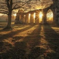 Sunset over an ancient abbey, warm atmospheric light creating long shadows, historic and peaceful landscape