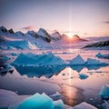 Sunset Over Arctic Landscape with Icebergs created with Generative AI