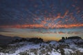 Sunset over the Belogradchik Rocks. Winter landscape. Bulgaria Royalty Free Stock Photo