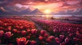 Sunset over the blooming tulip field. Generative AI Royalty Free Stock Photo