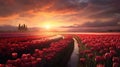 Sunset over the blooming tulip field. Generative AI Royalty Free Stock Photo