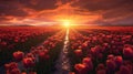 Sunset over the blooming tulip field. Generative AI Royalty Free Stock Photo