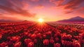 Sunset over the blooming tulip field. Generative AI Royalty Free Stock Photo