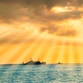 Sunset over blue sea with ship Royalty Free Stock Photo