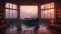 sunset over the boat Wooden row boat drifting in calm water inside an abandoned flooded cabin