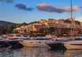 Sunset over the boats docked in the marina in Palma de Mallorca in Mallorca on Balearic islands in Spain Royalty Free Stock Photo