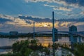 Sunset over Bob Kerrey pedestrian bridge at Omaha Nebraska Riverfront Royalty Free Stock Photo