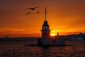 Sunset over Bosphorus with famous Maiden's Tower - Kiz Kulesi - Leander's Tower, symbol of Istanbul, Turkey Royalty Free Stock Photo