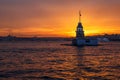 Sunset over Bosphorus with famous Maiden's Tower - Kiz Kulesi - Leander's Tower, symbol of Istanbul, Turkey Royalty Free Stock Photo