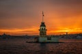 Sunset over Bosphorus with famous Maiden's Tower - Kiz Kulesi - Leander's Tower, symbol of Istanbul, Turkey Royalty Free Stock Photo