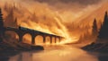 sunset over the bridge A burning train on fire, exploding, that crosses an exploding bridge being blown up, over a river Royalty Free Stock Photo